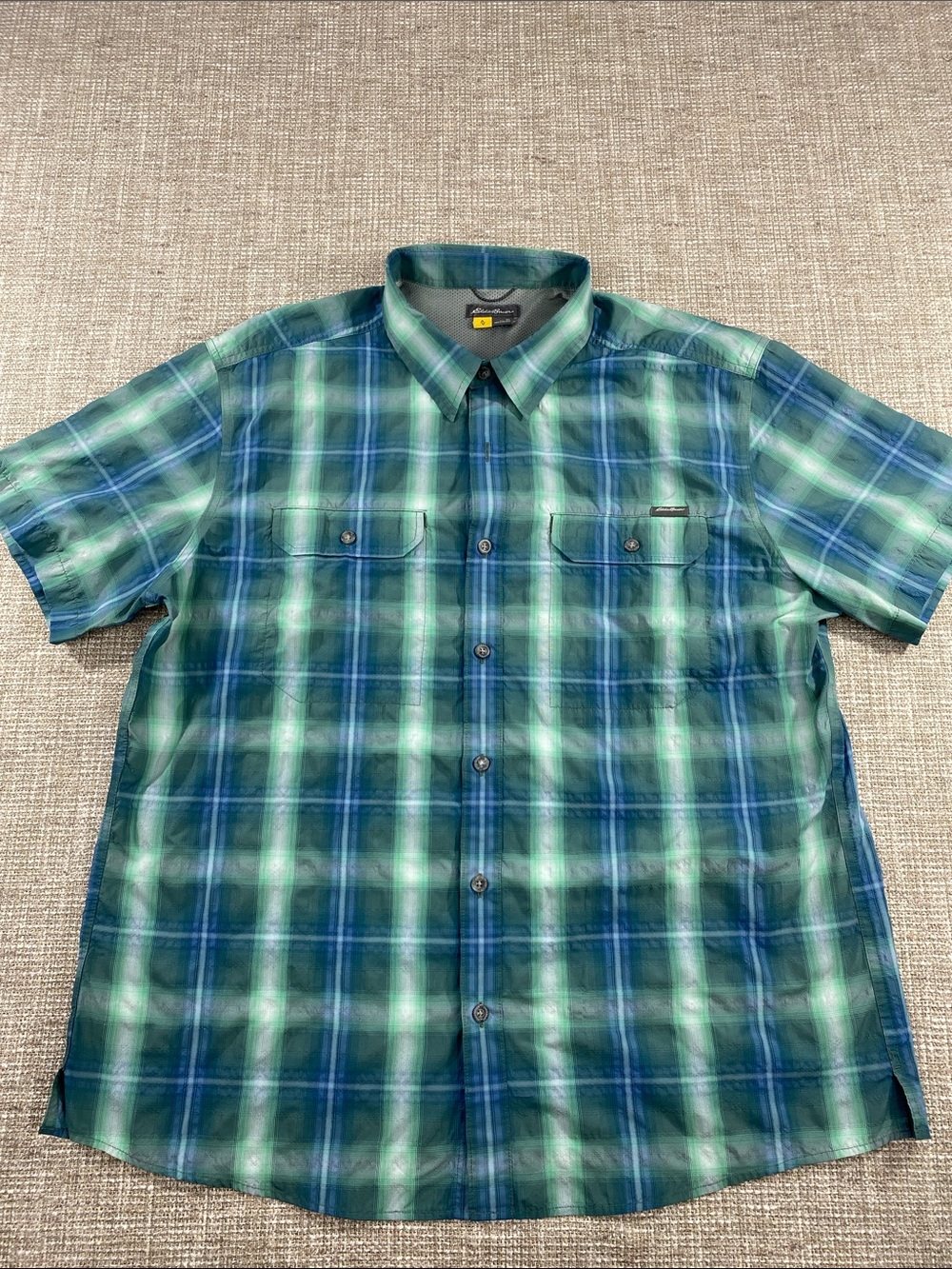 Eddie Bauer Green and Blue Plaid Short-Sleeve Button-Down Shirt
